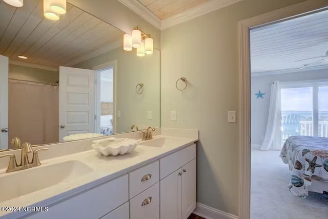 bathroom featuring wooden ceiling, dual vanity, and ornamental molding