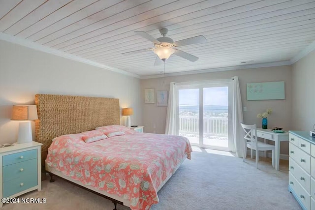 bedroom with light carpet, ornamental molding, access to outside, and ceiling fan