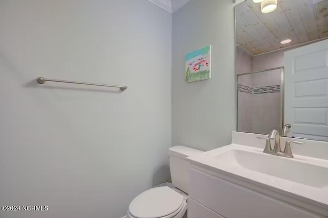 bathroom with wooden ceiling, vanity, and toilet