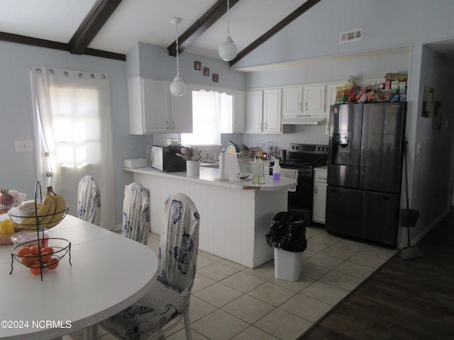 kitchen with vaulted ceiling with beams, black refrigerator with ice dispenser, hanging light fixtures, electric range oven, and white cabinets