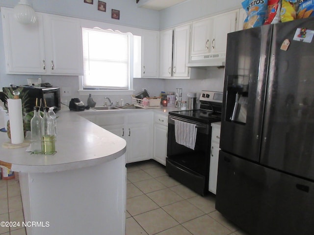 kitchen featuring black fridge with ice dispenser, white cabinets, kitchen peninsula, electric range oven, and exhaust hood