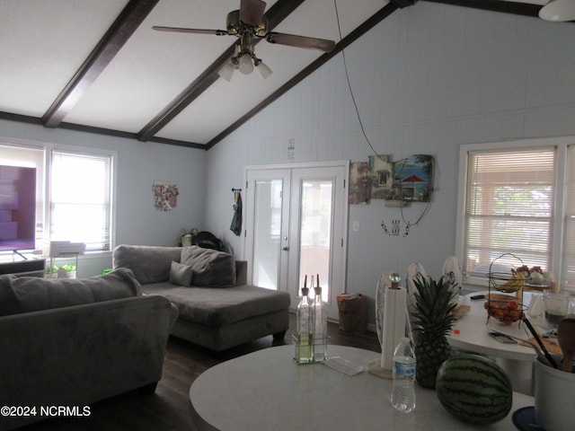 living room with ceiling fan, beam ceiling, high vaulted ceiling, wood-type flooring, and french doors