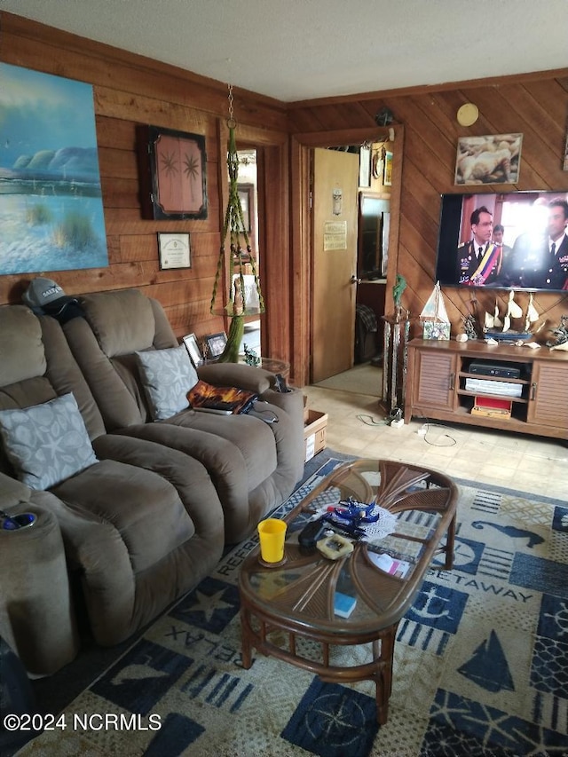 living room featuring wooden walls