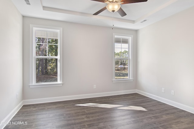 spare room featuring dark hardwood / wood-style flooring, a tray ceiling, and a healthy amount of sunlight