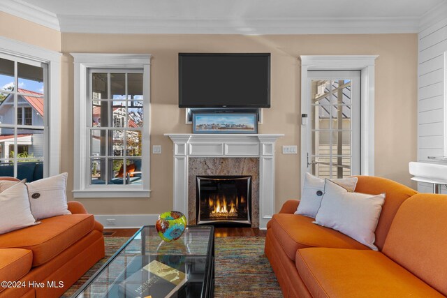 doorway to outside featuring light hardwood / wood-style floors and ornamental molding