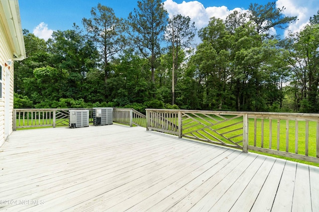 wooden deck with central AC unit and a yard