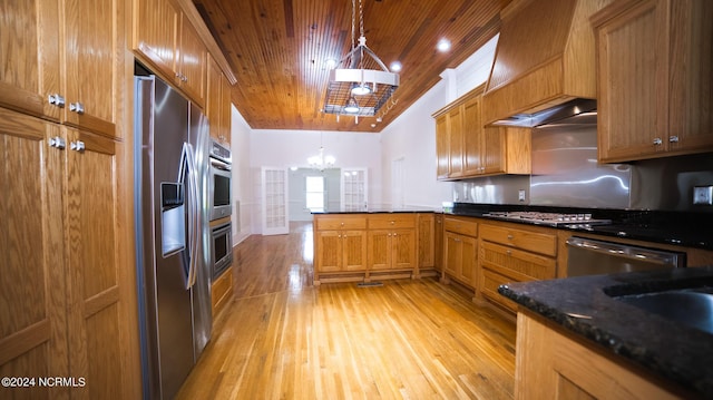 kitchen featuring wooden ceiling, under cabinet range hood, stainless steel appliances, a peninsula, and light wood finished floors