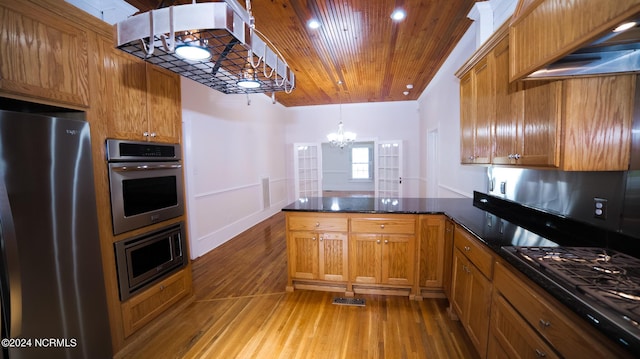 kitchen with brown cabinetry, dark countertops, wood ceiling, a peninsula, and stainless steel appliances