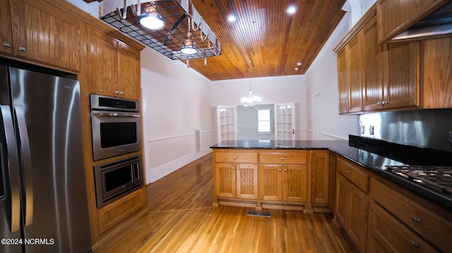 kitchen featuring a peninsula, appliances with stainless steel finishes, brown cabinetry, and wooden ceiling