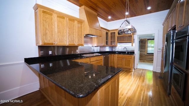 kitchen featuring stainless steel gas cooktop, light wood-style flooring, wall oven, wood ceiling, and a peninsula