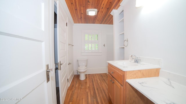 bathroom with toilet, vanity, wood finished floors, wooden ceiling, and baseboards