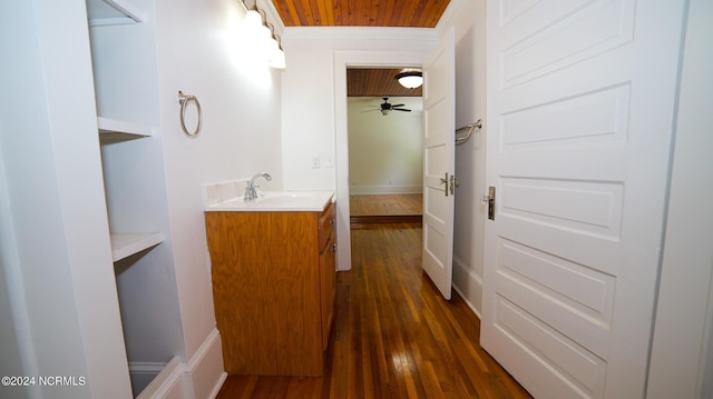 bathroom featuring baseboards, wood ceiling, ceiling fan, wood finished floors, and vanity