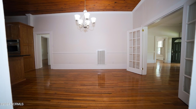 unfurnished dining area featuring wood ceiling, dark wood finished floors, visible vents, and crown molding