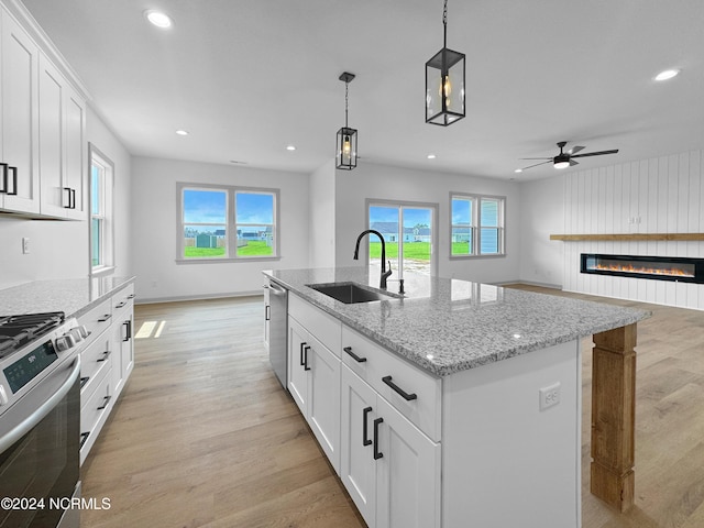 kitchen with stainless steel appliances, a glass covered fireplace, light wood-type flooring, and a sink