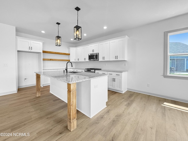 kitchen with light wood finished floors, open shelves, stainless steel appliances, recessed lighting, and a sink