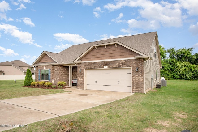 view of front facade featuring an attached garage, brick siding, concrete driveway, and a front yard