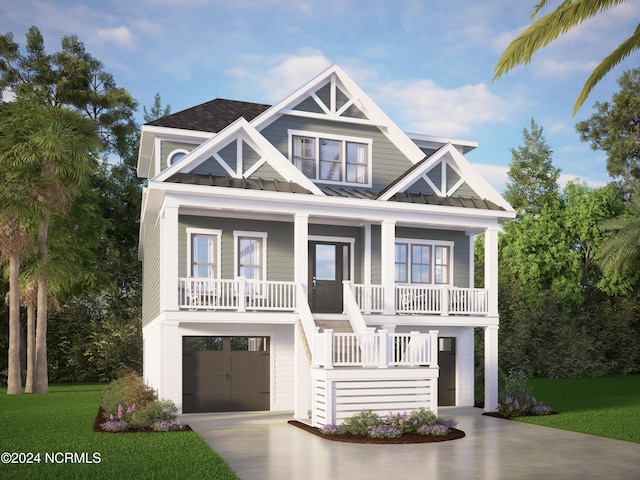 raised beach house featuring concrete driveway, stairs, covered porch, metal roof, and a standing seam roof