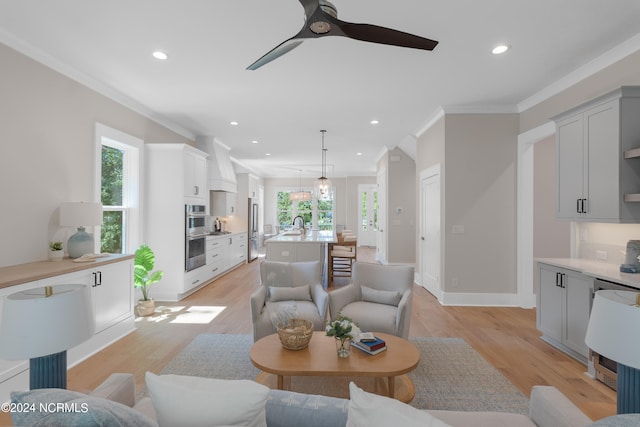 living room with a wealth of natural light, light hardwood / wood-style flooring, crown molding, and sink