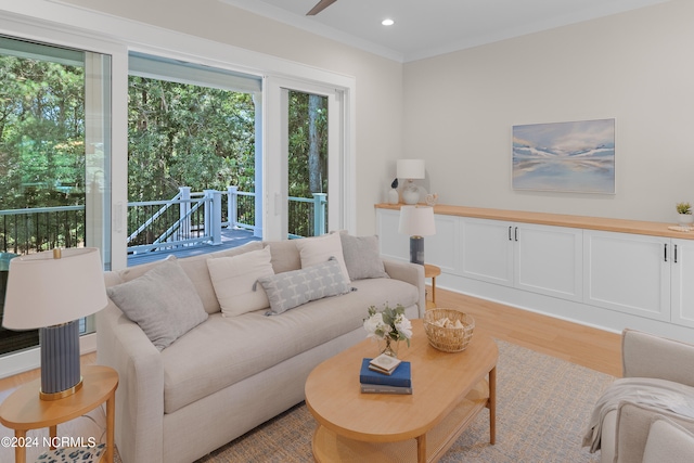 living room featuring light wood-type flooring and crown molding