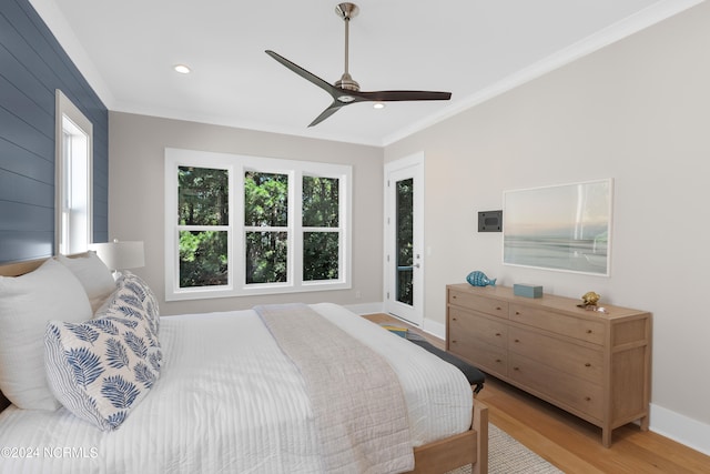 bedroom with access to outside, ceiling fan, crown molding, and light hardwood / wood-style floors