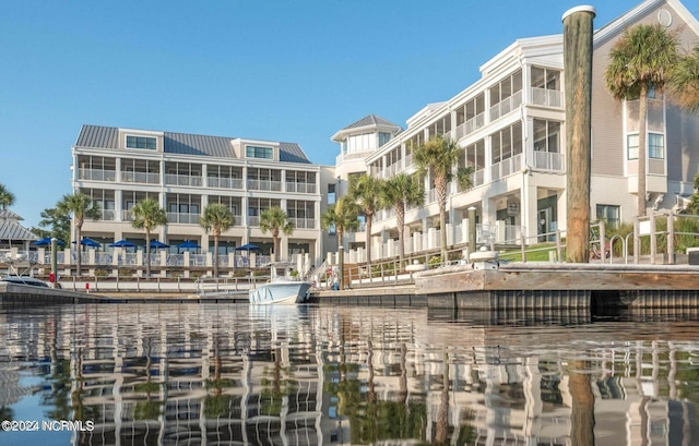 view of building exterior featuring a water view