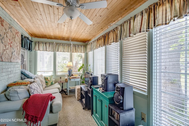 sunroom / solarium with ceiling fan and wood ceiling