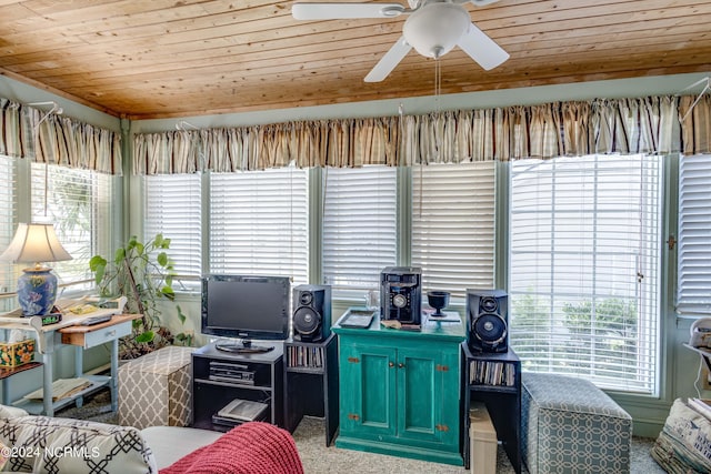 interior space with ceiling fan and wooden ceiling