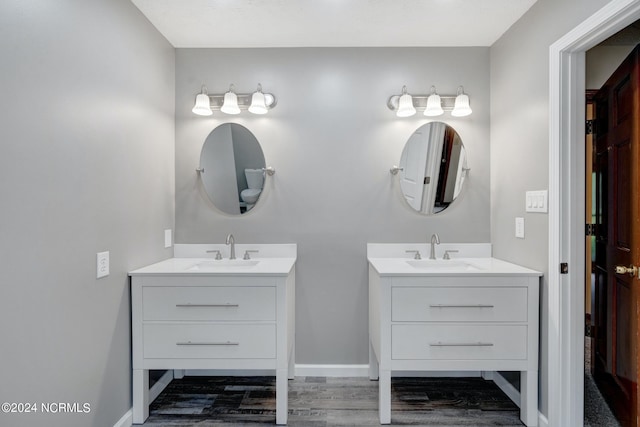 bathroom with wood-type flooring, double sink, and large vanity