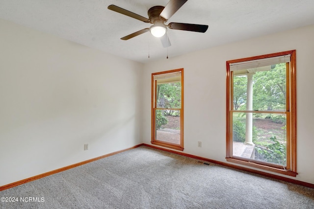 carpeted spare room with a wealth of natural light and ceiling fan