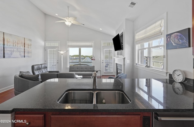 kitchen featuring ceiling fan, sink, wood-type flooring, and vaulted ceiling