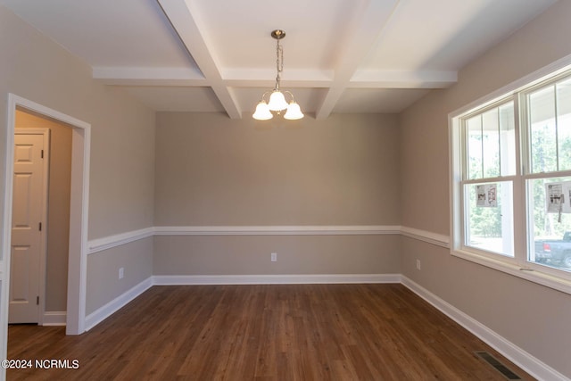 empty room with coffered ceiling, dark hardwood / wood-style floors, beam ceiling, and an inviting chandelier