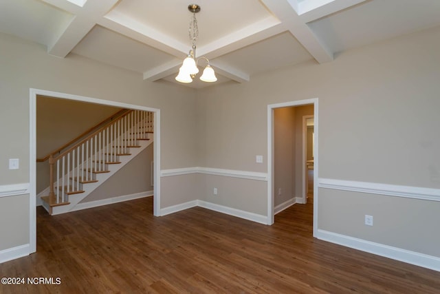 spare room featuring coffered ceiling, dark hardwood / wood-style flooring, and beamed ceiling