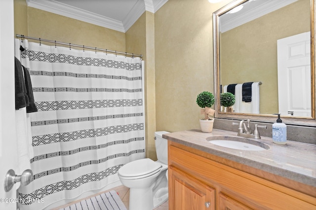 bathroom featuring toilet, vanity, and crown molding