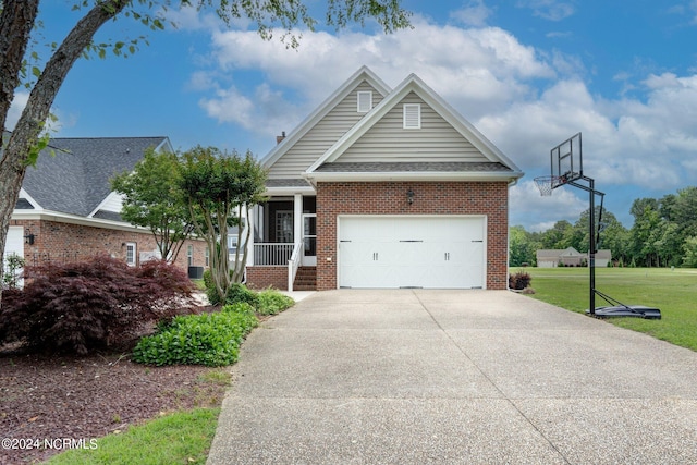 view of front of home with a garage, brick siding, concrete driveway, roof with shingles, and a front yard