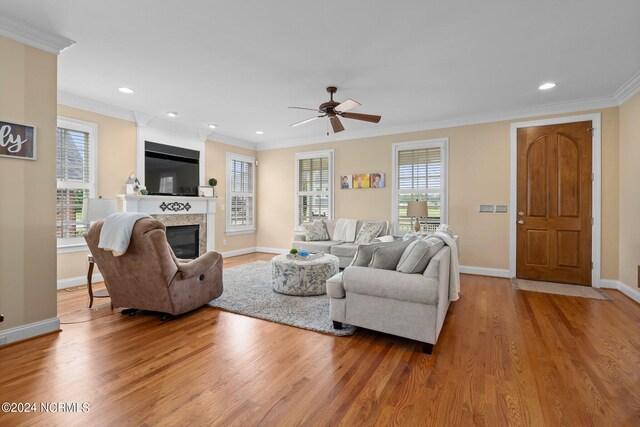 living area featuring crown molding, a fireplace, a wealth of natural light, and light wood-style floors