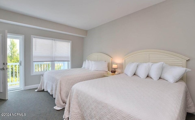 carpeted bedroom featuring multiple windows and access to outside