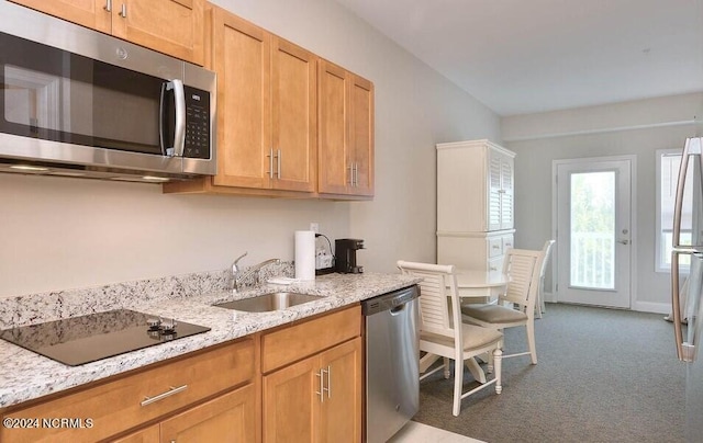 kitchen featuring appliances with stainless steel finishes, sink, carpet floors, and light stone countertops