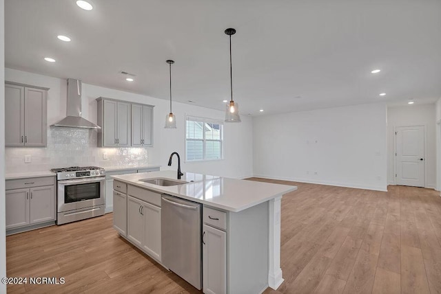 kitchen with stainless steel appliances, wall chimney range hood, sink, and a kitchen island with sink