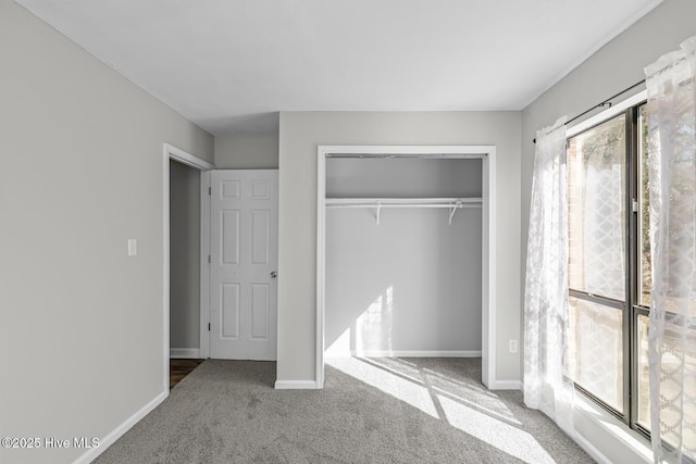 unfurnished bedroom featuring carpet flooring and a closet