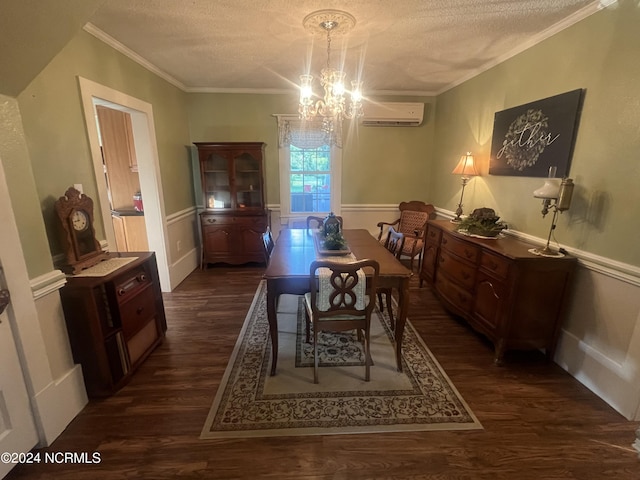 dining room with an AC wall unit, dark wood finished floors, and a textured ceiling