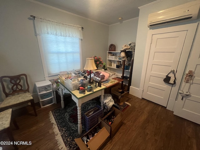 dining area with dark wood-style floors, a textured ceiling, a wall mounted air conditioner, and crown molding