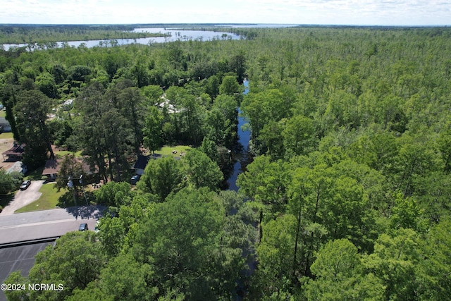 drone / aerial view with a water view and a wooded view