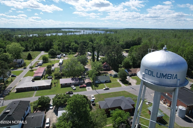 bird's eye view with a water view and a forest view