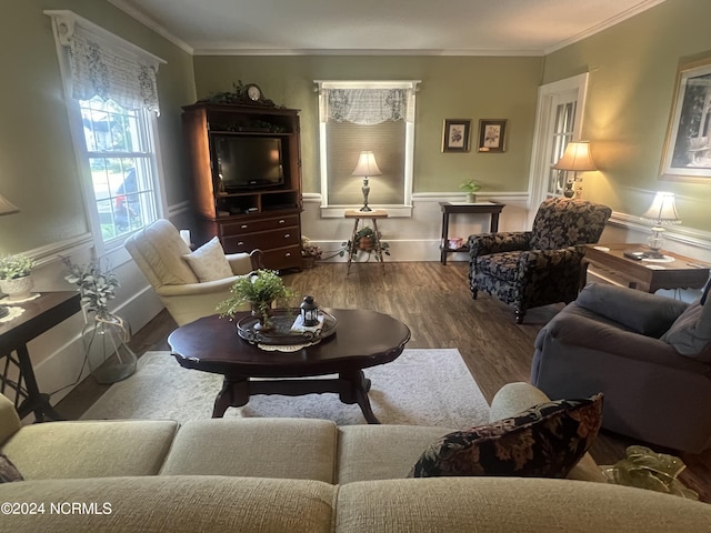 living room featuring ornamental molding, wainscoting, and wood finished floors