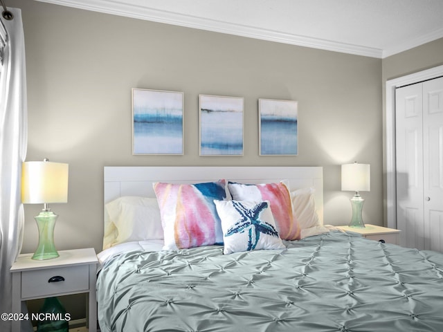 bedroom featuring ornamental molding and a closet