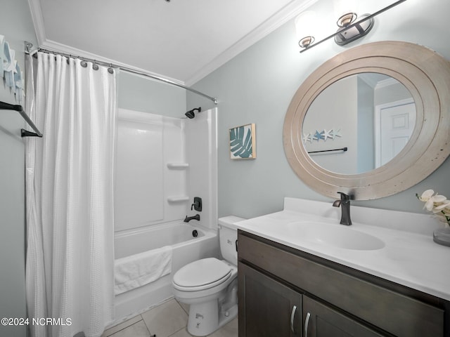 full bathroom featuring toilet, tile floors, crown molding, large vanity, and shower / bath combo