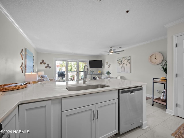 kitchen featuring light tile flooring, ceiling fan, ornamental molding, stainless steel dishwasher, and sink