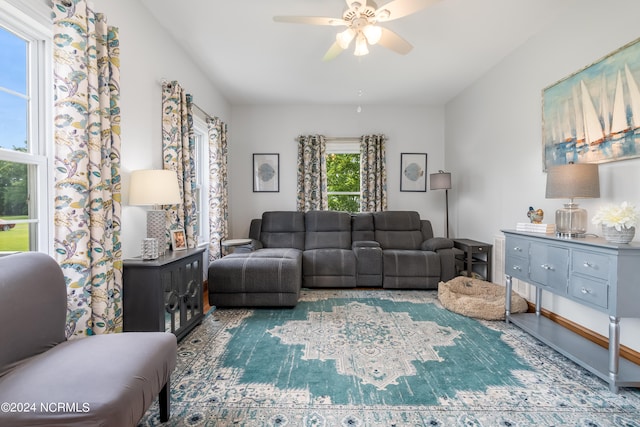 living room with ceiling fan