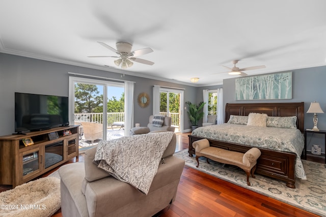 bedroom featuring ceiling fan, dark hardwood / wood-style floors, access to exterior, and crown molding