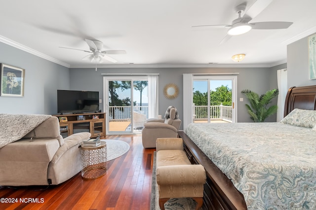 bedroom featuring access to outside, crown molding, ceiling fan, and hardwood / wood-style flooring